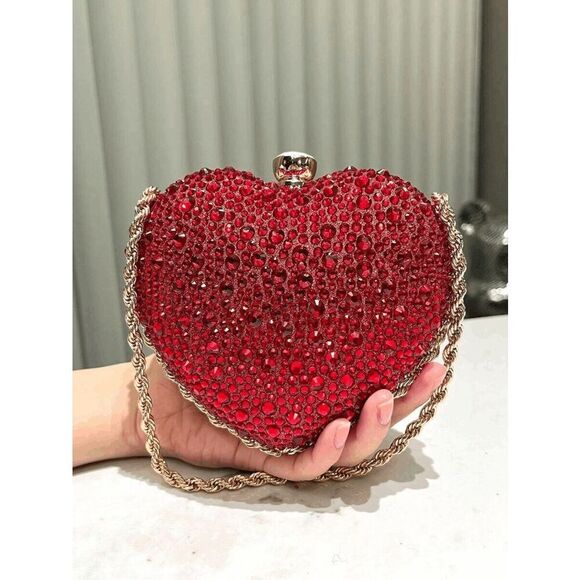 ❤️💎 Jeweled Sparkling Rhinestone Red Heart Shaped Chain Clutch Purse Bag NEW - Picture 14 of 16